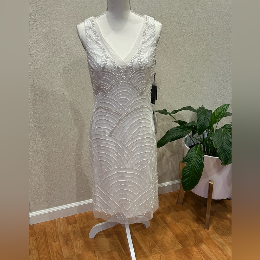 NWT - Adrianna Papell  - Beaded Short Sheath Dress -  Color Ivory - Size 8